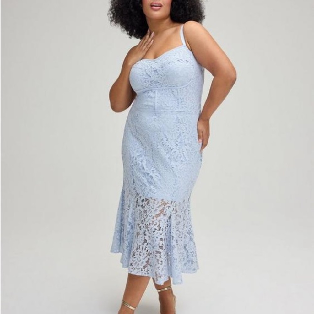 Light Blue Lace Maxi Dress with Flared Hem
